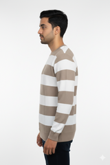 Men Beige-White Striped Crew Neck T-Shirt | Textured 251124134