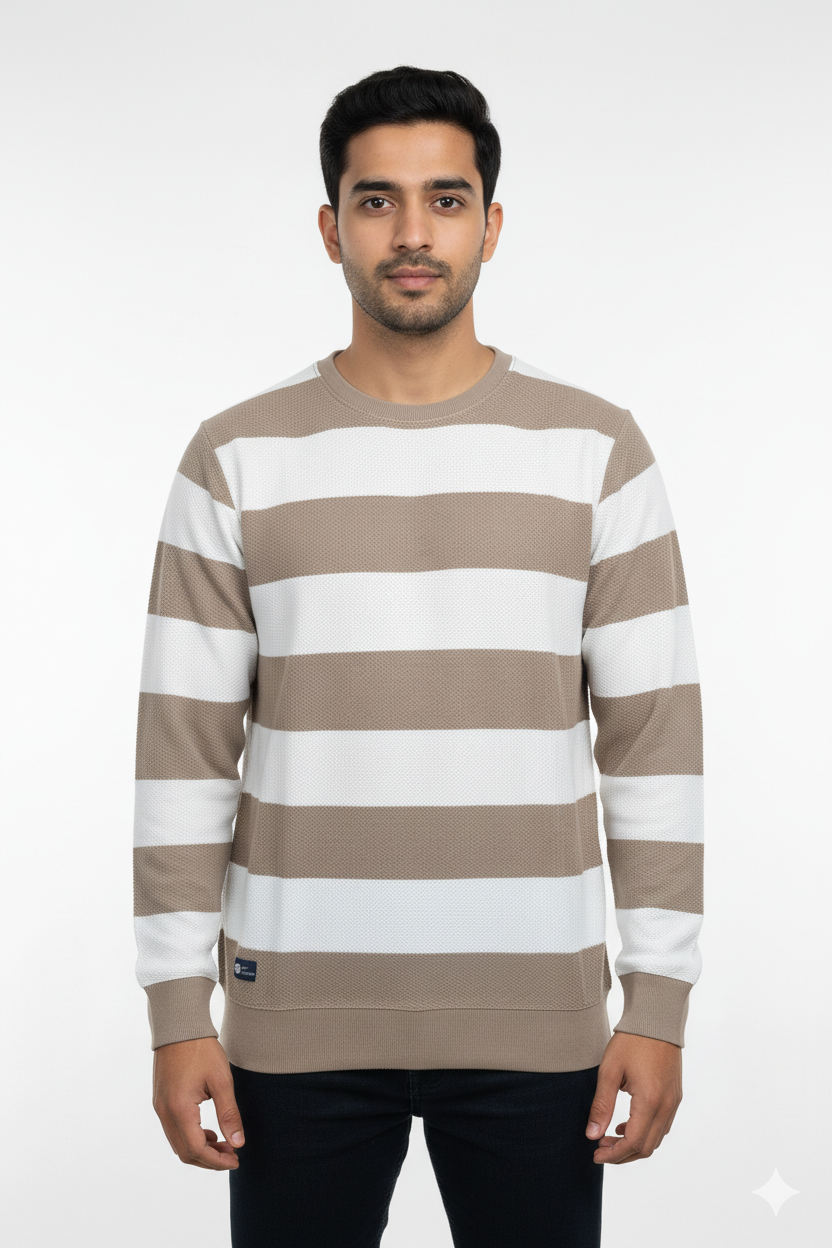 Men Beige-White Striped Crew Neck T-Shirt | Textured 251124134