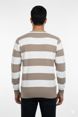 Men Beige-White Striped Crew Neck T-Shirt | Textured 251124134