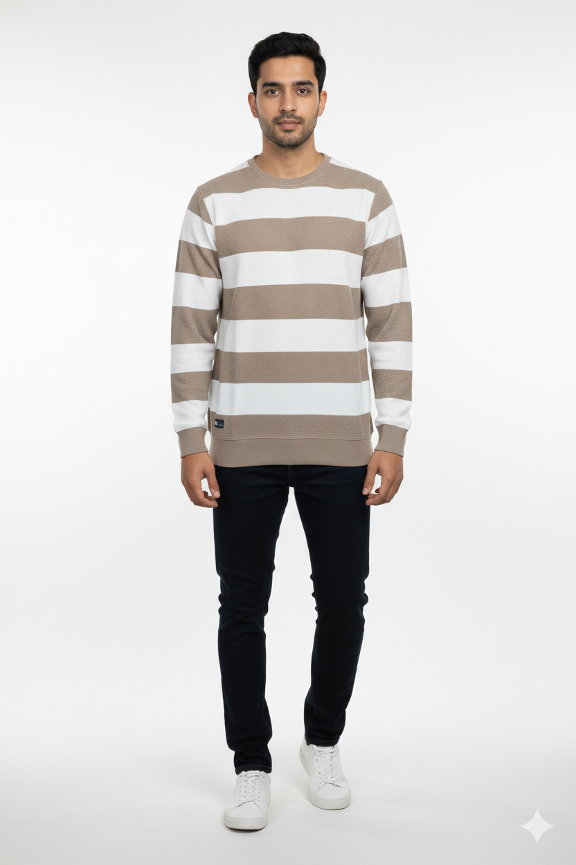 Men Beige-White Striped Crew Neck T-Shirt | Textured 251124134