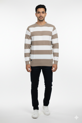 Men Beige-White Striped Crew Neck T-Shirt | Textured 251124134