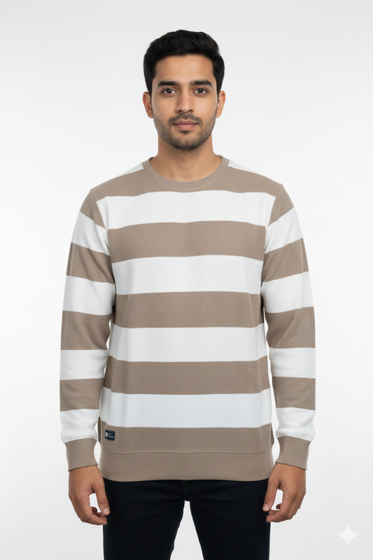 Men Beige-White Striped Crew Neck T-Shirt | Textured 251124134