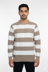 Men Beige-White Striped Crew Neck T-Shirt | Textured 251124134