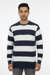 Men Dark Grey-White Horizontal Striped Crew Neck T-Shirt 251124134