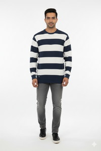 Men Dark Grey-White Horizontal Striped Crew Neck T-Shirt 251124134