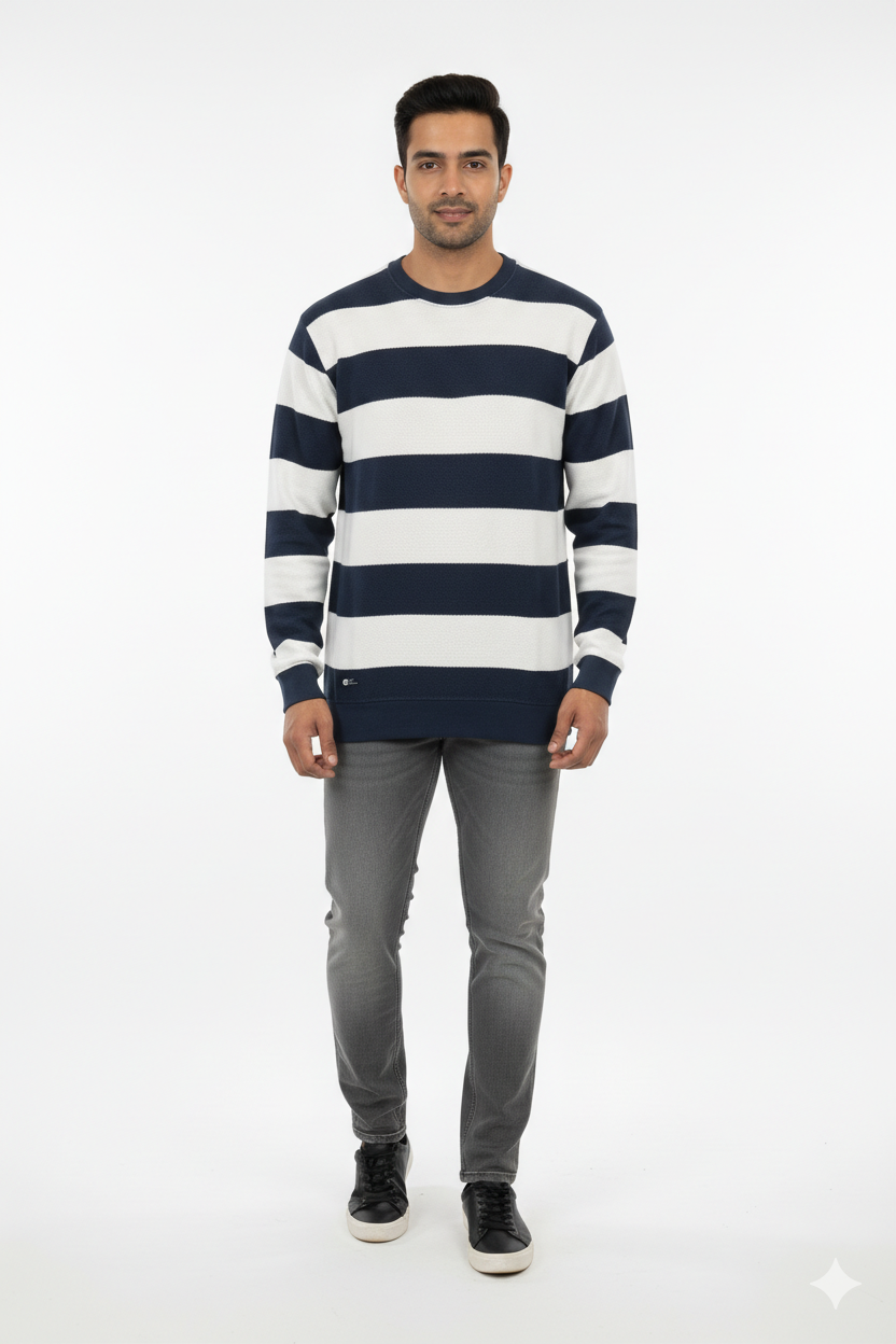 Men Dark Grey-White Horizontal Striped Crew Neck T-Shirt 251124134