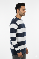 Men Dark Grey-White Horizontal Striped Crew Neck T-Shirt 251124134