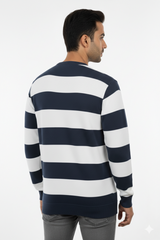 Men Dark Grey-White Horizontal Striped Crew Neck T-Shirt 251124134