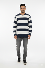 Men Dark Grey-White Horizontal Striped Crew Neck T-Shirt 251124134