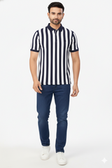 Men Navy Blue-White Vertical Polo T-Shirt | Casual Slim Fit 251181246
