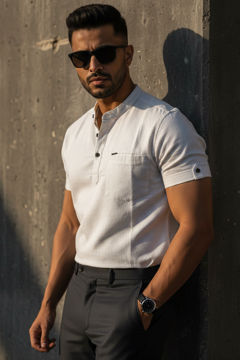 Men White Mandarin Collar Henley T-Shirt | Slim Fit Short Sleeve|261040556