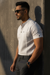 Men White Mandarin Collar Henley T-Shirt | Slim Fit Short Sleeve|261040556