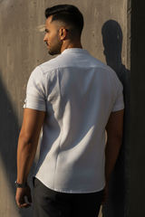 Men White Mandarin Collar Henley T-Shirt | Slim Fit Short Sleeve|261040556