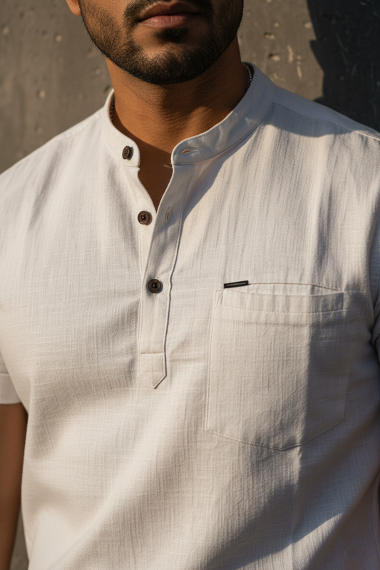 Men White Mandarin Collar Henley T-Shirt | Slim Fit Short Sleeve|261040556