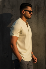 Men Lemon Mandarin Collar Henley T-Shirt| Slim Fit Short Sleeve|261040556