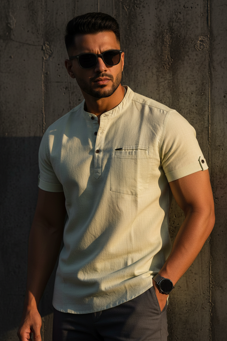 Men Lemon Mandarin Collar Henley T-Shirt| Slim Fit Short Sleeve|261040556