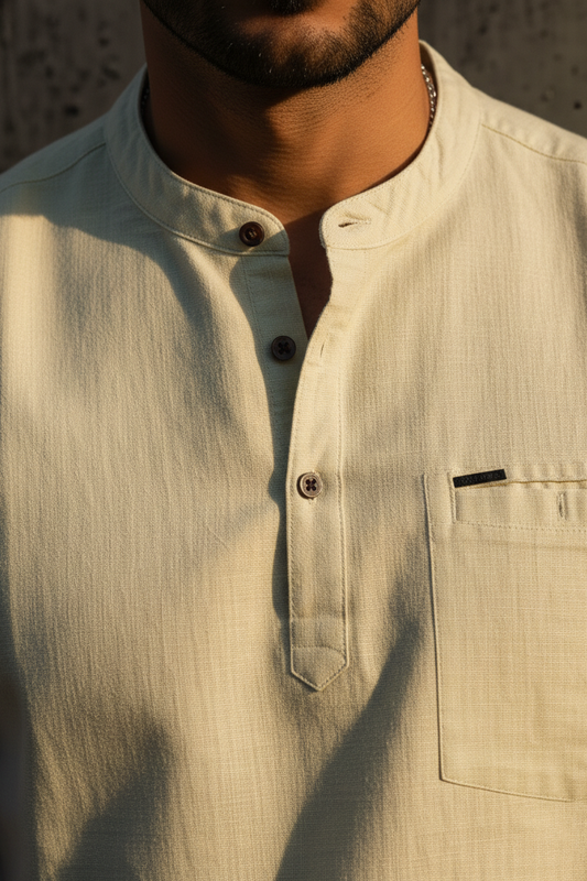 Men Lemon Mandarin Collar Henley T-Shirt| Slim Fit Short Sleeve|261040556