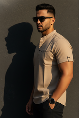 Men Fawn Mandarin Collar Henley T-Shirt| Slim Fit Short Sleeve|261040556