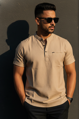 Men Fawn Mandarin Collar Henley T-Shirt| Slim Fit Short Sleeve|261040556