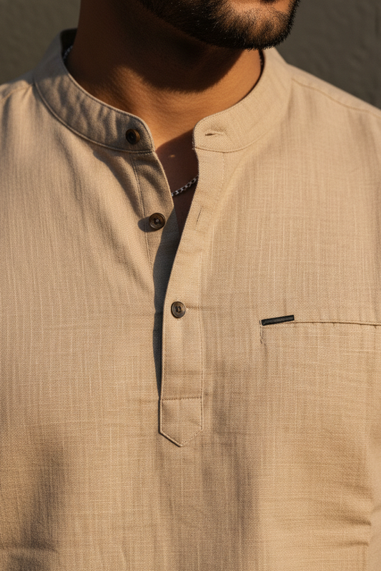 Men Fawn Mandarin Collar Henley T-Shirt| Slim Fit Short Sleeve|261040556