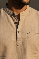 Men Fawn Mandarin Collar Henley T-Shirt| Slim Fit Short Sleeve|261040556