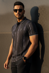 Men Black Striped Polo T-Shirt - Slim Fit Distressed Print