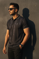 Men Black Striped Polo T-Shirt - Slim Fit Distressed Print