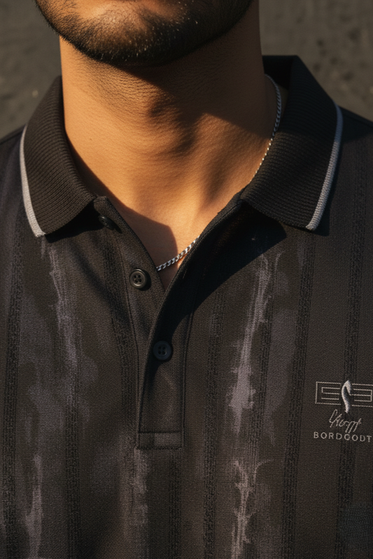 Men Black Striped Polo T-Shirt - Slim Fit Distressed Print
