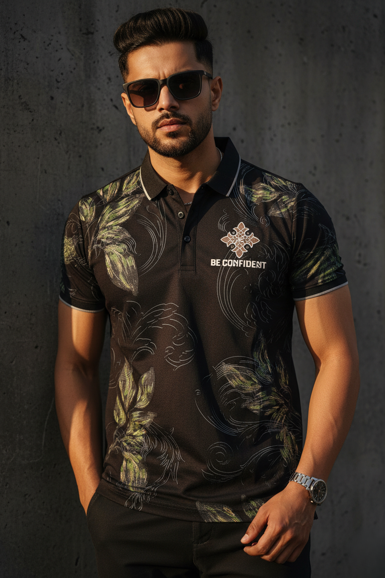 Men Black Floral Polo T-Shirt - Slim Fit Graphic Polo 261040569