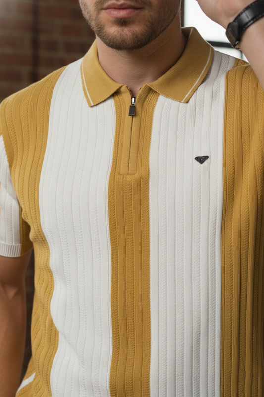 Men Mustard & White Vertical Stripe Knit Polo Shirt - Quarter-Zip Style 261040579