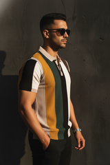 Men Green & Earth Tone Striped Knit Polo - Vintage Retro Style 261040568