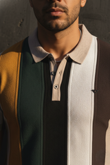 Men Green & Earth Tone Striped Knit Polo - Vintage Retro Style 261040568