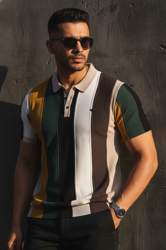 Men Green & Earth Tone Striped Knit Polo - Vintage Retro Style 261040568