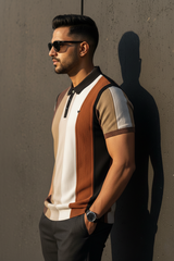 Men Fawn & Earth Tone Striped Knit Polo - Vintage Retro Style 261040568