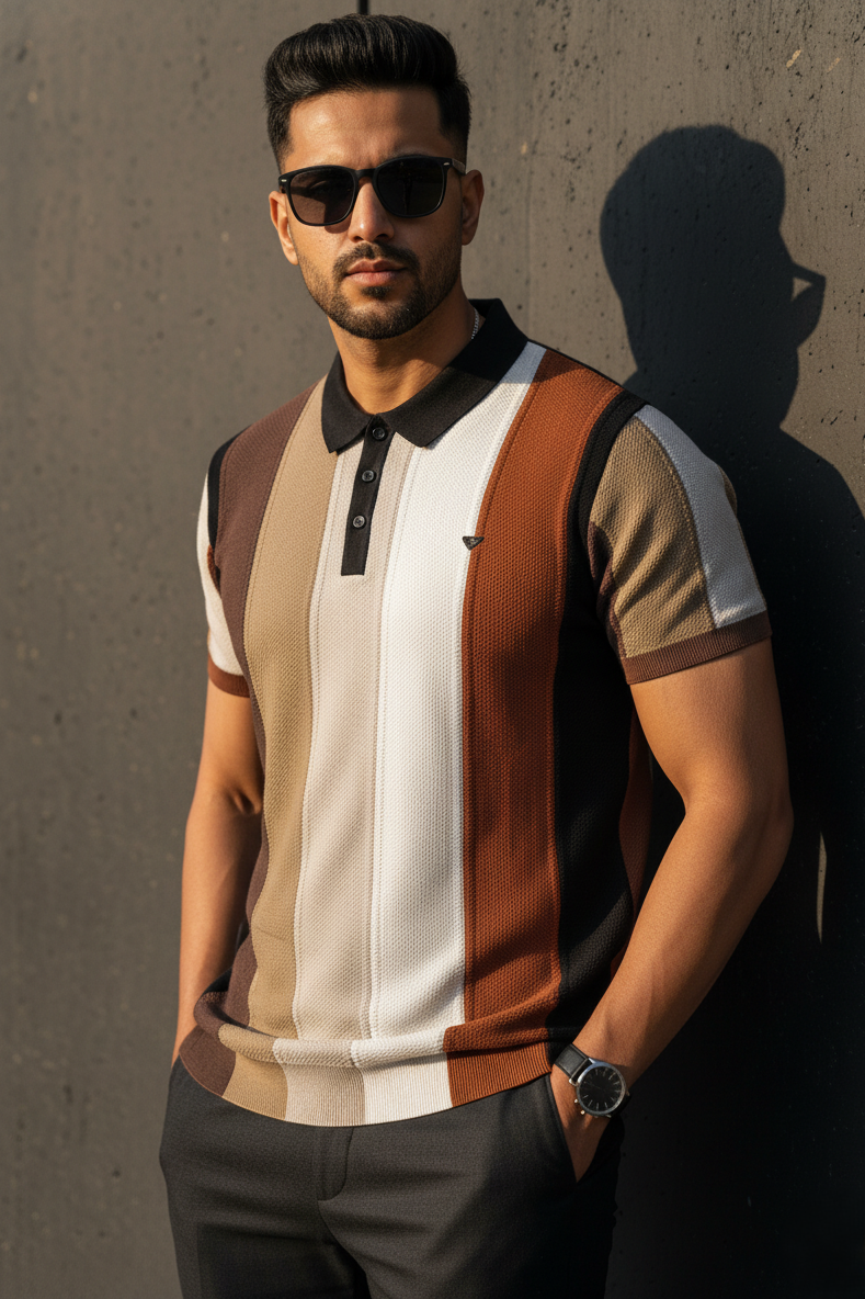 Men Fawn & Earth Tone Striped Knit Polo - Vintage Retro Style 261040568