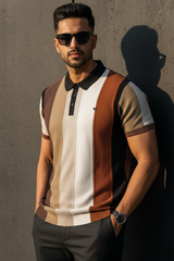 Men Fawn & Earth Tone Striped Knit Polo - Vintage Retro Style 261040568