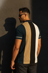 Men Olive & White Retro Vertical Striped Knit Polo T-Shirt - Slim Fit 261040580
