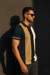 Men Olive & White Retro Vertical Striped Knit Polo T-Shirt - Slim Fit 261040580