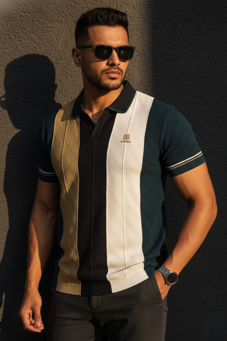 Men Olive & White Retro Vertical Striped Knit Polo T-Shirt - Slim Fit 261040580