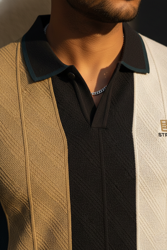 Men Olive & White Retro Vertical Striped Knit Polo T-Shirt - Slim Fit 261040580