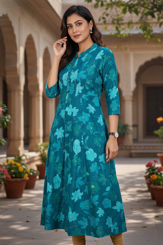 Elegant Teal Floral Kurti for Women | Casual Wear Kurti 261006280