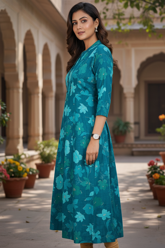 Elegant Teal Floral Kurti for Women | Casual Wear Kurti 261006280