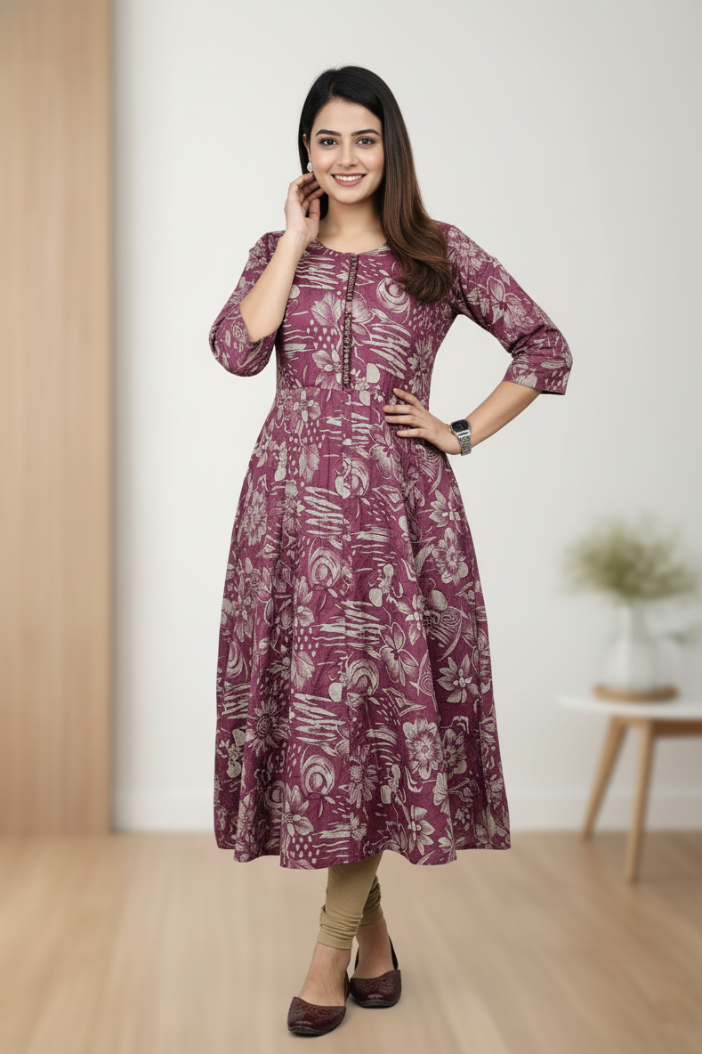 Women Wine Printed Kurti | Elegant Daily Wear Kurti 261006049