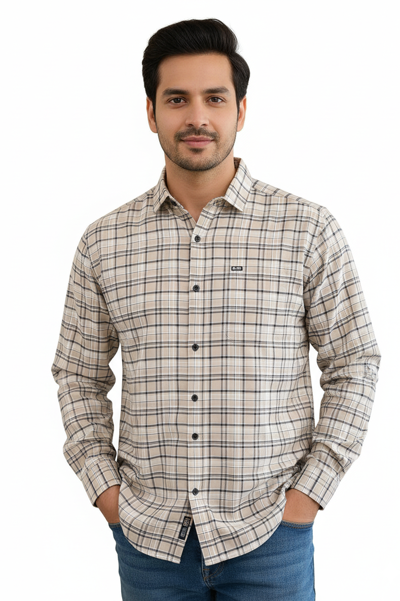 Men's Casual Check Shirt in Beige Color