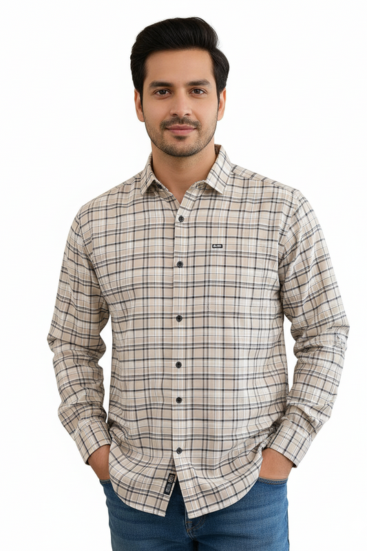 Men's Casual Check Shirt in Beige Color