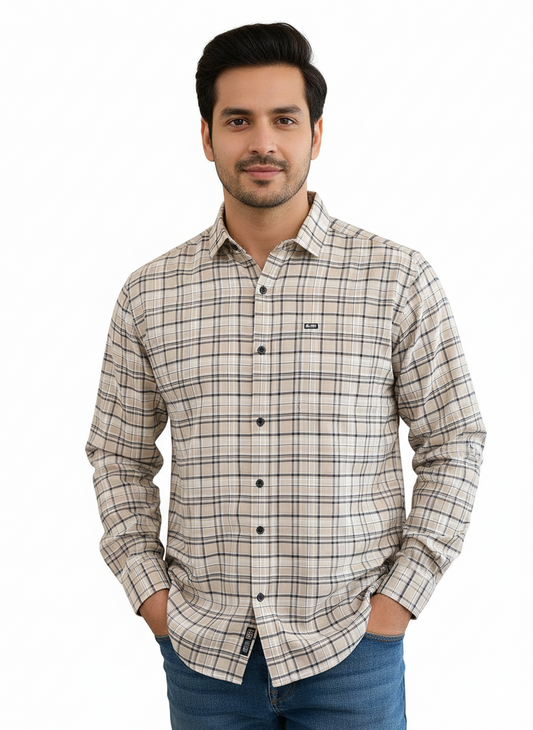 Men's Casual Check Shirt in Beige Color
