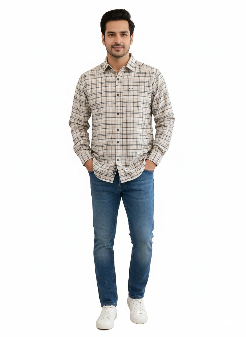 Men's Casual Check Shirt in Beige Color 15916