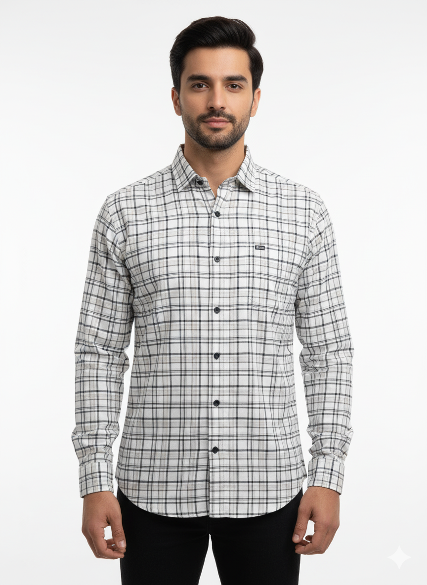 Men's Casual Check Shirt in Offwhite Color