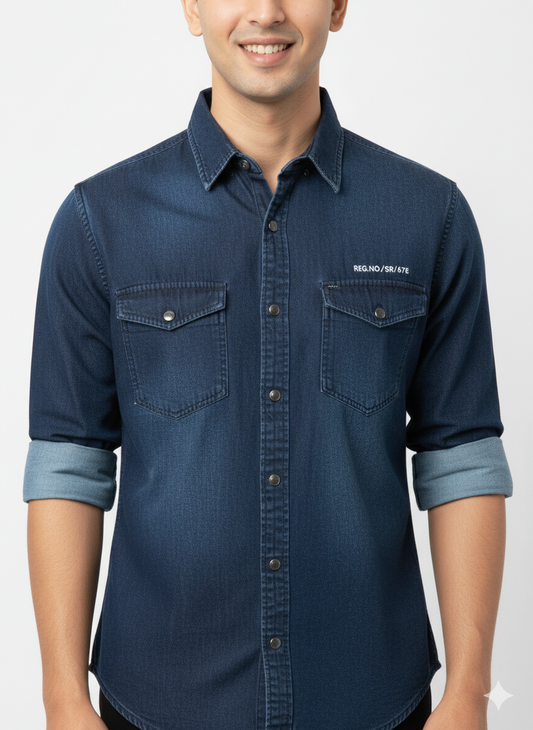 Men's Casual Plain Denim Shirts in Dark Blue