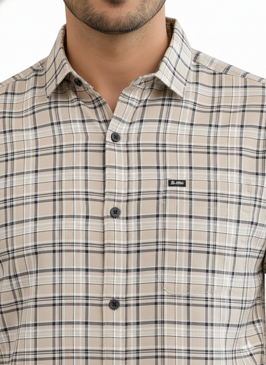 Men's Casual Check Shirt in Beige Color